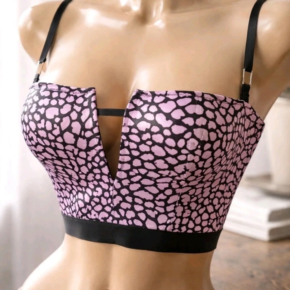 Victorias Secret Very Sexy Corset Bustier Bra XS Pink Black Satin Lips Top Women